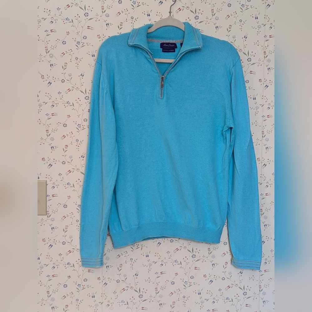 Alan Flusser Sweater Men's M Teal  Quarter-Zip  Cotton Cashmere Casual Vintage